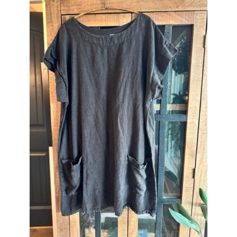 Bryn Walker Womens XL Linen Tunic Top Charcoal Grey Short Sleeve Pockets USA